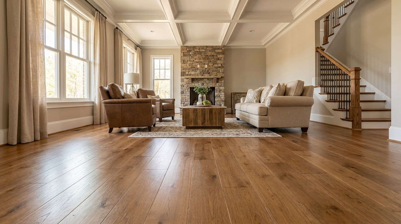 Modern living room with wide-plank hardwood flooring installed by Floor Decor & More